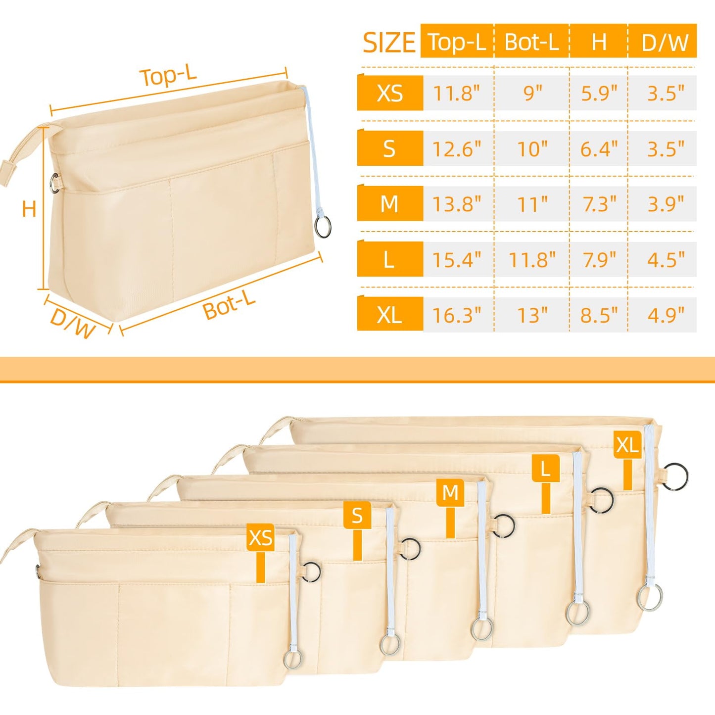HyFanStr Nylon Purse Organizer Insert with Zipped Top for Tote Bag, Handbag Shaper with 13 Pockets 5 Sizes (Beige-XS)