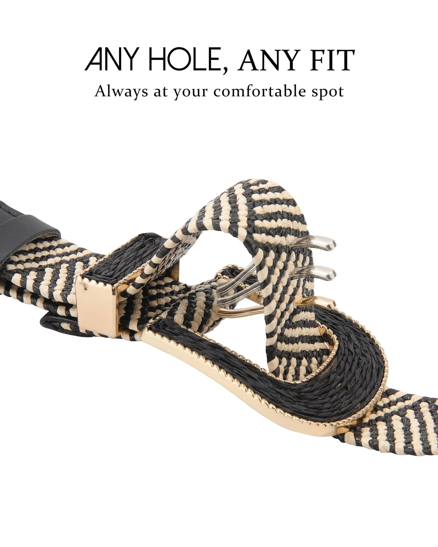 AWAYTR Womens Boho Woven Belt - Easy Care Plastic Elastic Belt with Handmade Raffia Buckle for Daily Vacation Work,Black with Beige Stripes,Fit Waist 31''-36''
