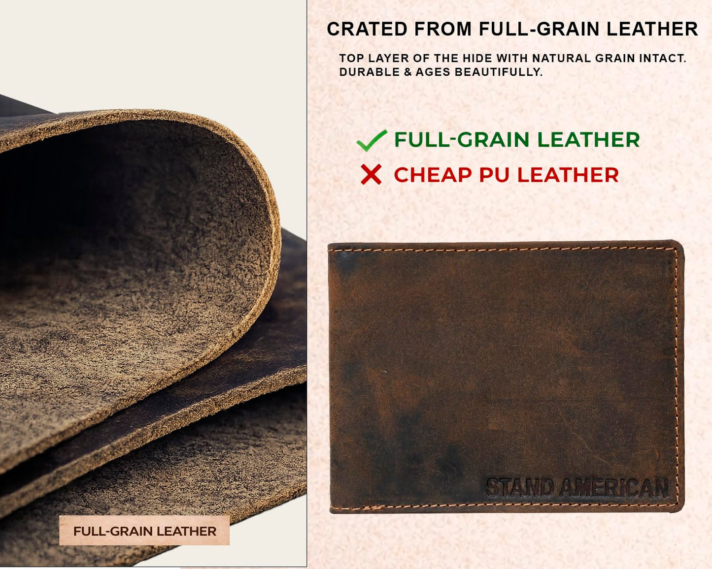 Stand American Men's Full Grain Hunter Leather Bifold Wallet with RFID Blocking - Slim Design with Total 7 Card Slots (2 Concealed Card Slots) ID Window & 2 Cash Pockets With Premium Stiching (TAN)
