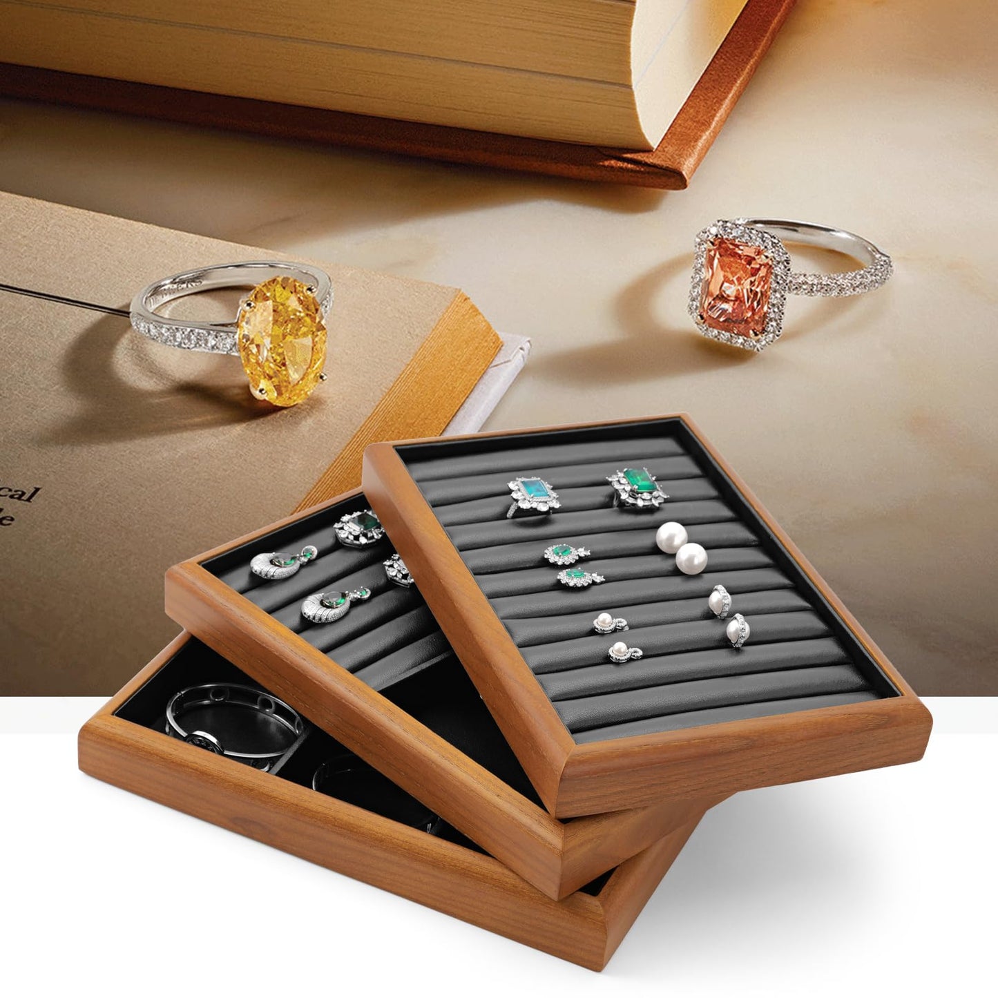 Oirlv Solid Wood Stackable Jewelry Organizer Tray Jewelry Drawer Organizer(Black)