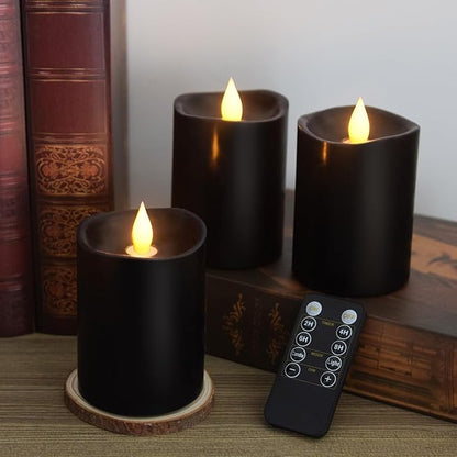 Black Pillar Flameless Candles - 3D Flickering, Remote Timer, Battery Operated, 600+ Hours, Halloween & Gothic Themed Decor (Black, 3"*4"-3pcs)
