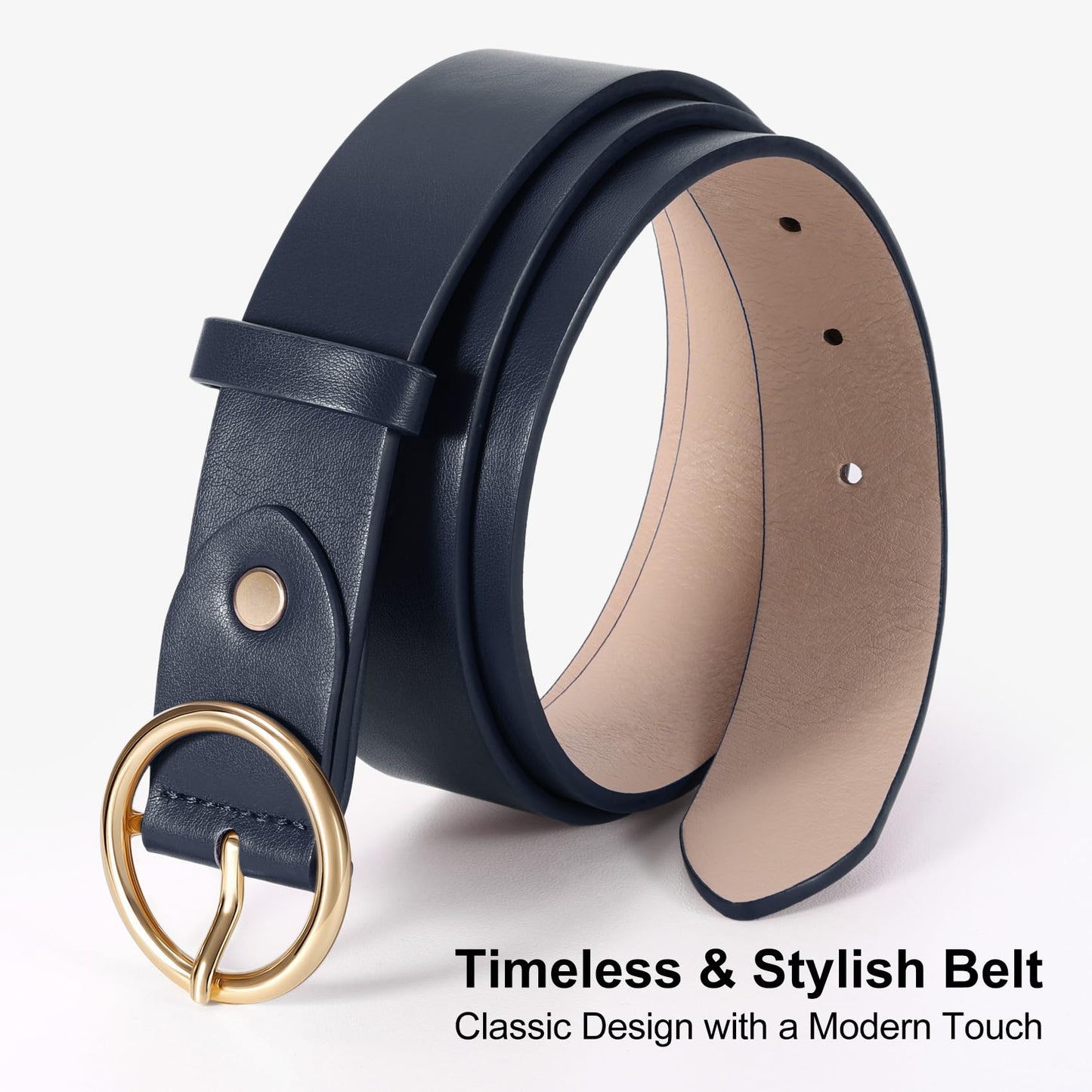 XZQTIVE Women Leather Belt with Circle Gold Buckle Fashion Ladies Waist Belt for Jeans Pants Dresses，Navy