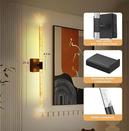 25in Crystal Battery Operated Wall Sconces Set of Two, [Sunset Glow Ambiance & 8000mAh Removable Battery] Dimmable 2700K–6000K, Touch/Remote Control, Wireless Wall Lamps for Home Decor–Black