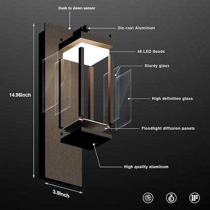 Outdoor Dusk to Dawn Exterior Light Fixture Wall Sconce Modern Style 800LM 13W Waterproof Rustproof Aluminum Glass Shade Porch Lantern Garage Garden Patio Matte Black Lamp