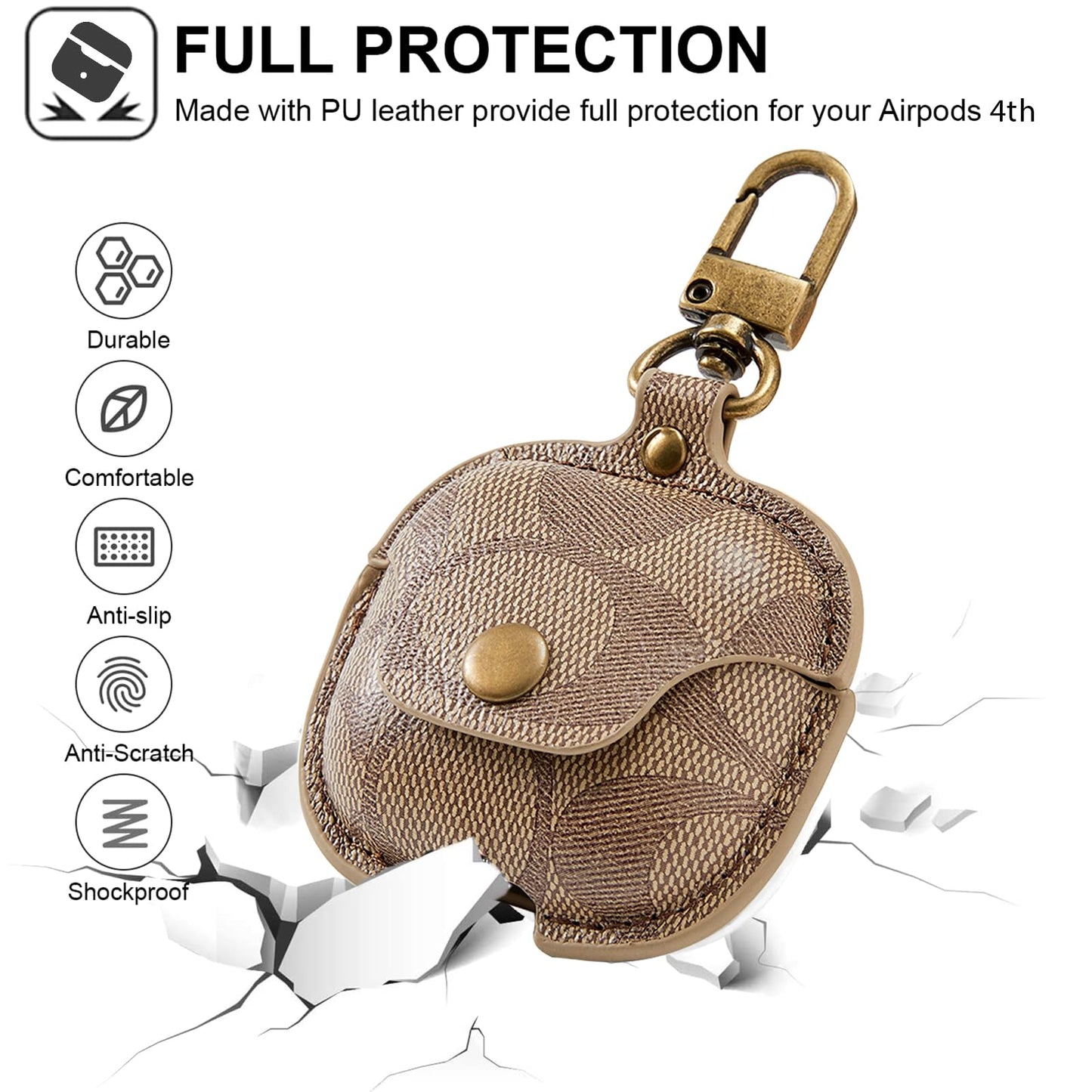 for AirPods 4 Case Cover 2024, Leather Full-Body Protective Case for AirPods 4th Generation Wireless Charging Case for Women Men with Keychain-Brown