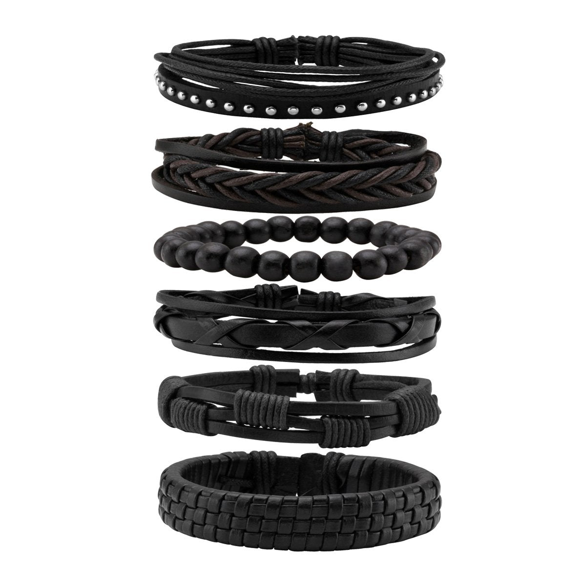 Eigso 6 Pcs Braided Leather Bracelets for Men and Women Punk Biker Cuff Bracelet Adjustable with Wood Beads