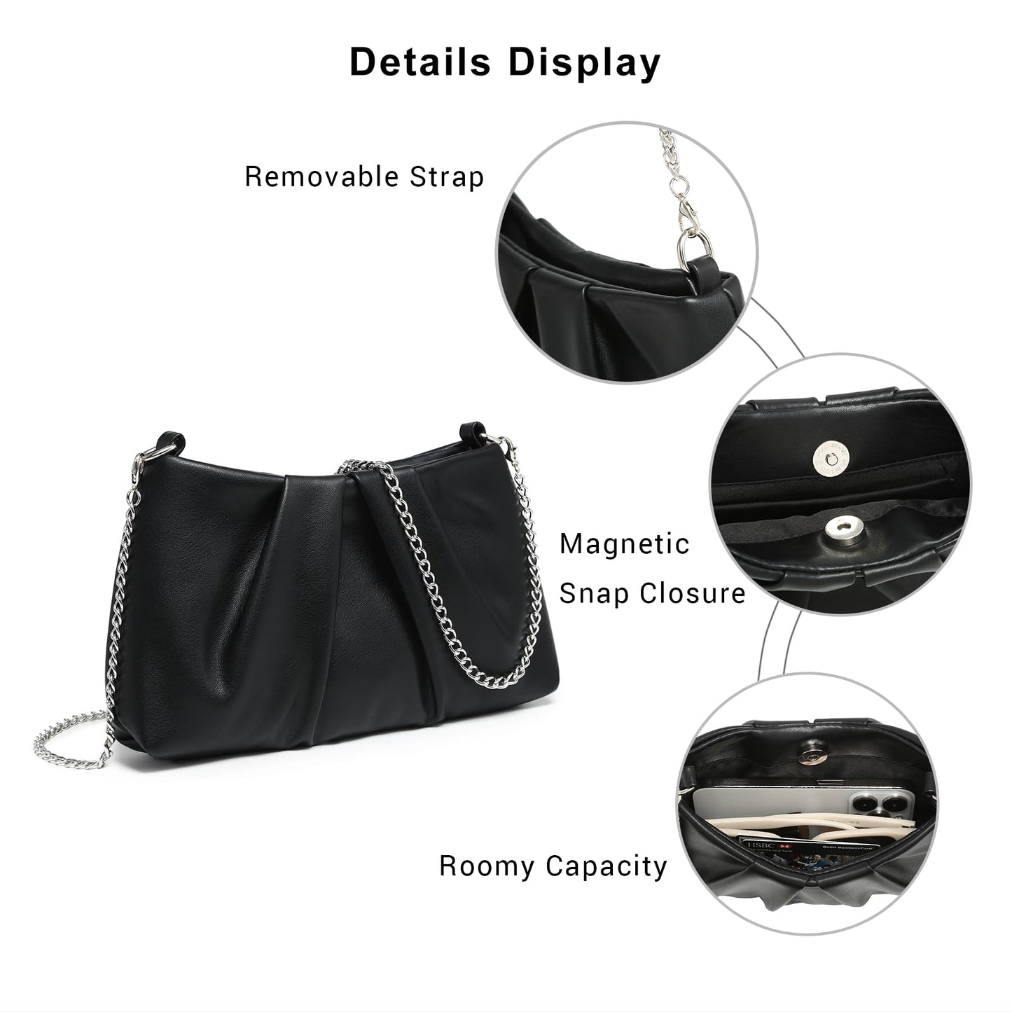 Dasein Elegant Pleated Evening Bag Soft Vegan Leather Clutch Purse Dressy Formal Handbag with 2 Chain Straps for Women (Black)