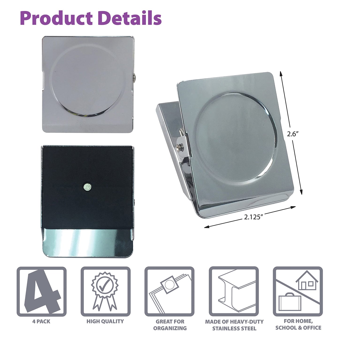 Better Office Products Extra Large Magnetic Metal Clips, 4 Pack, Heavy Duty Stainless Steel, XL, 2.2 Inch, Square