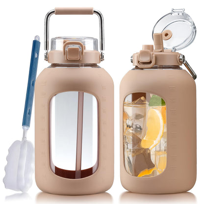 WINSA Large Glass Water Bottles with Stainless Steel Handle,100 oz Gallon Drinking Bottle with 2-in-1 Straw Lid,3 Liter Glass Water Jug with Silicone Sleeve,Wide Mouth,Amber