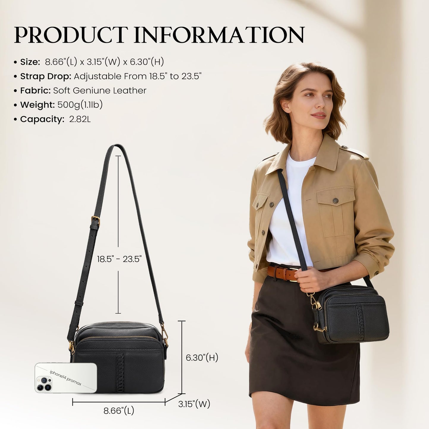 befen Black Leather Crossbody Purse for Women Trendy, Ladies Real Leather Rfid Bag with Adjustable Strap Built in Wallet Purses and Handbags,Structured Small Wallet Cross Body Summer Bags
