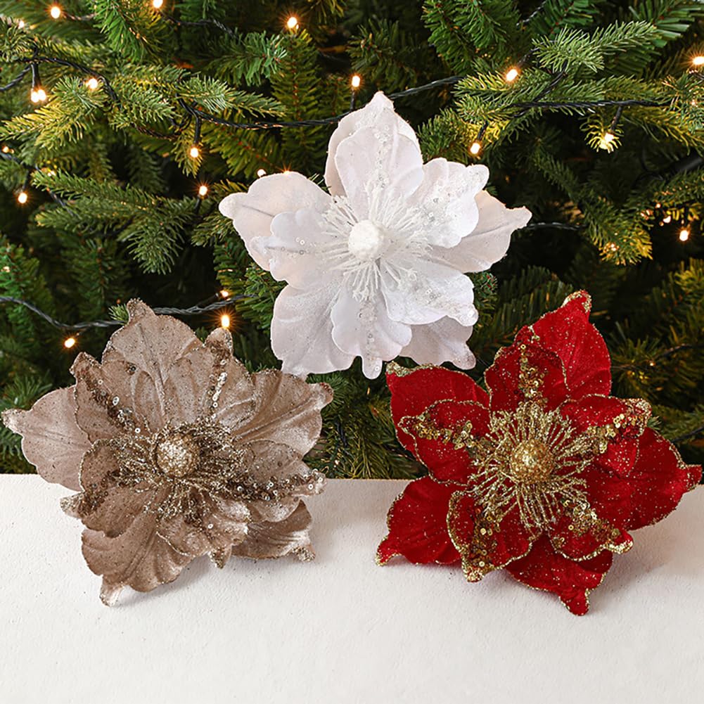 vctops 6 Pcs Poinsettia Artificial Flowers Christmas Tree Ornaments Velvet Glitter Magnolia Flowers for Xmas New Year Party Wedding Holiday DIY Decorations, Red