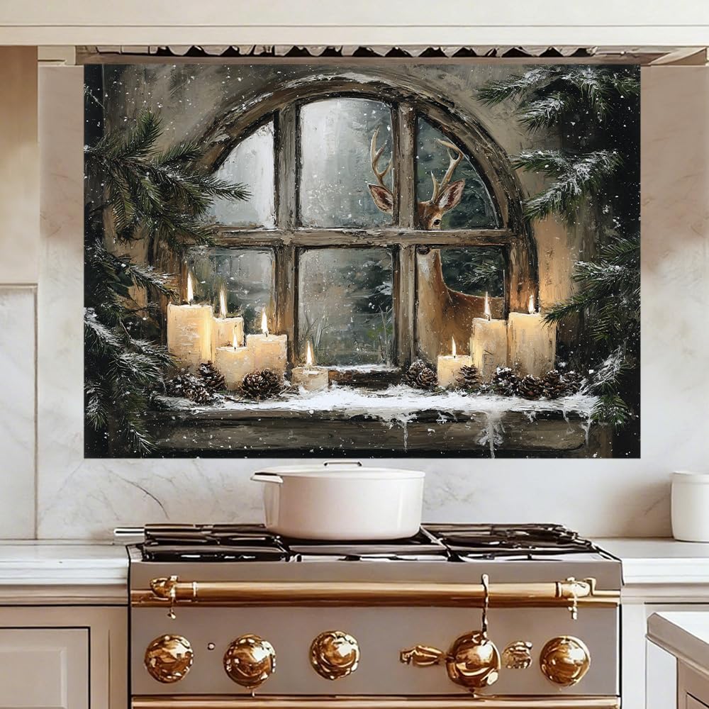 WDESYADMS 35.5x23.6 Inch Winter Window Scene Wall Decals PVC Candle Pine Cones Deer Artwork Peel and Stick Decorative Film for Home Cooking Area Backsplash Stovetop Space Holiday Seasonal Style