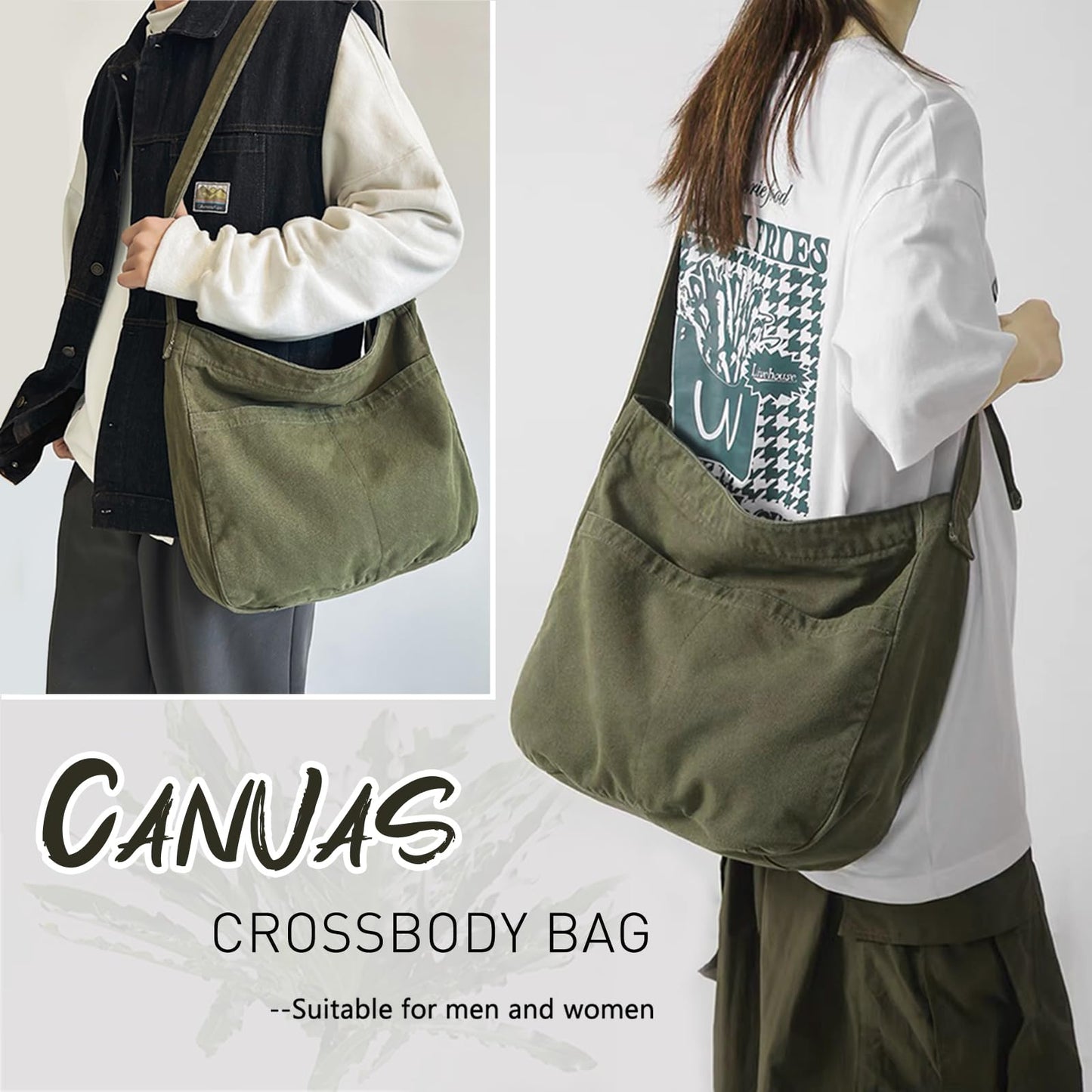DAINAOTM Canvas Tote Bag Casual Hobo Crossbody Shoulder Bag for Women and Men Large Purse Messenger Bag Travel Work