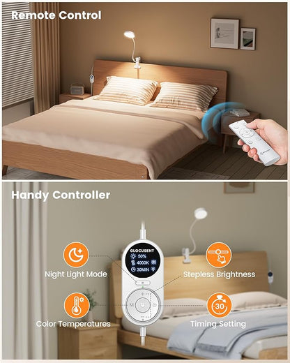 Glocusent 72 LED Clip on Lamp with Remote, Reading Light with Amer Ring Night Light, 3 Colors & 5 Dimmable Desk Lamp with Clamp, Auto-Off Timer for Night Reading, Bed Light for Headboard/Dorm/Bunk