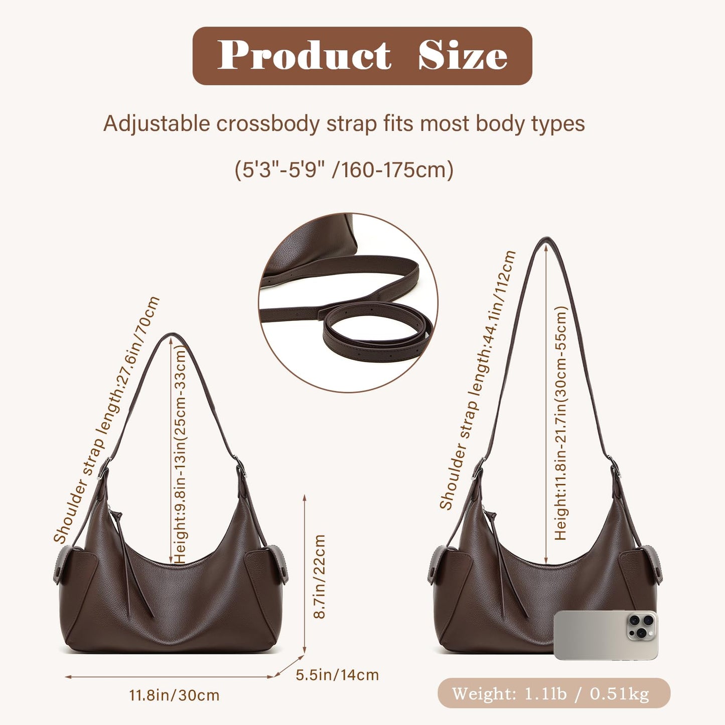 MFFOR Genuine Leather Hobo Bags, Tote Bag for Women, Slouchy Shoulder Purse, Crossbody Bags with 2 Removable Strap (Coffee)