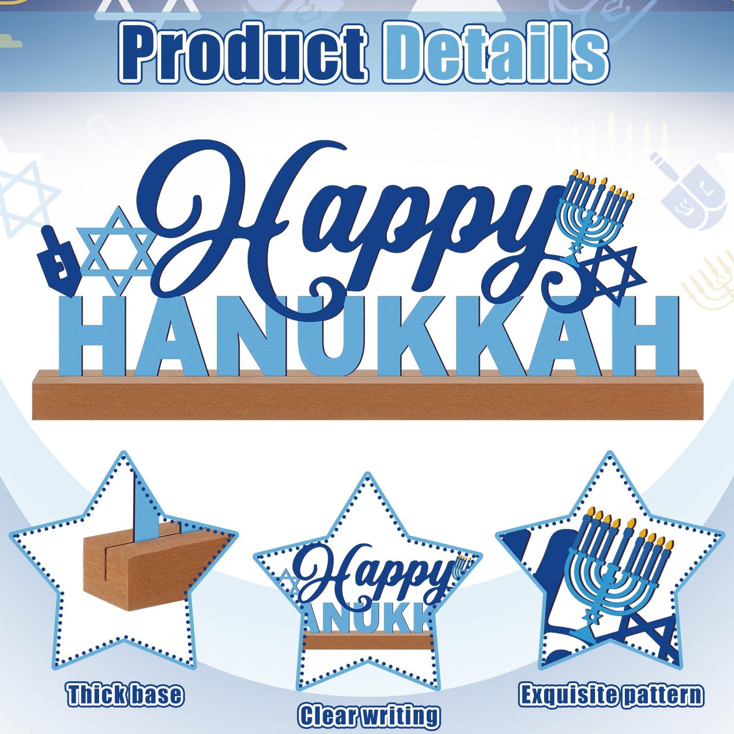 Yaocom 13.78 Inch Happy Hanukkah Table Decoration Happy Hanukkah Metal Letter Sign Star of David Freestanding Tabletop Centerpiece with Wooden Base Cutout Word Sign for Home Mantel Shelf Fireplace