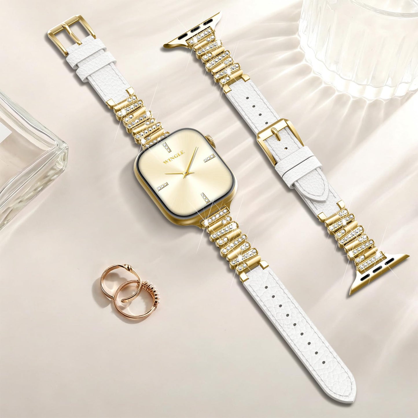 WINGLE Leather Band Compatible for Gold Apple Watch Band Women 46mm 45mm 44mm 42mm Series 11 10 9 8 7 6 5 4 SE 3 2 1 Luxury Dressy Slim Elegant Leather Metal Chain Strap Bling Link Bracelet,Gold/White