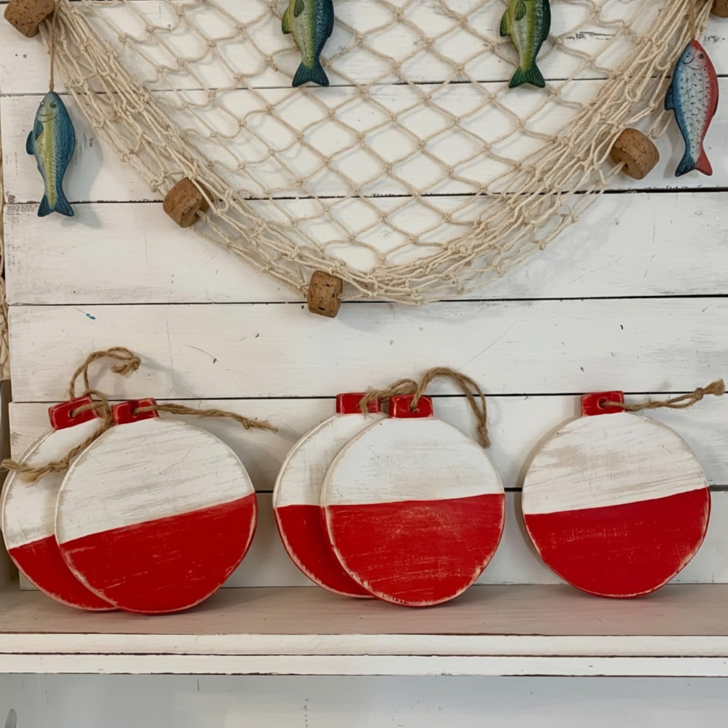 Threehoney 5 Pcs Fishing Bobbers Floats Table Decorations Red and White Wooden Bobbers Decor 4 x 3.5 Inch Farmhouse Wood Summer Table Centerpieces for Fishing Birthday Party Nautical Lake House Decor