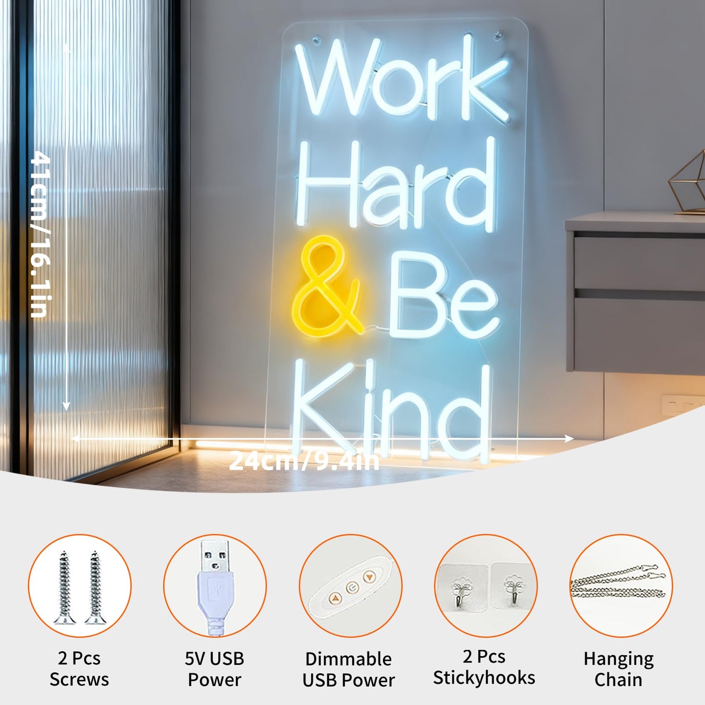 Work Hard Be Kind Neon Sign, Inspirational Quote Light Up Sign, Office Home Bedroom Living Room Workspace Gift Wall Table Decor USB Powered Dimmable LED Neon Light 16.1 x 9.4 In