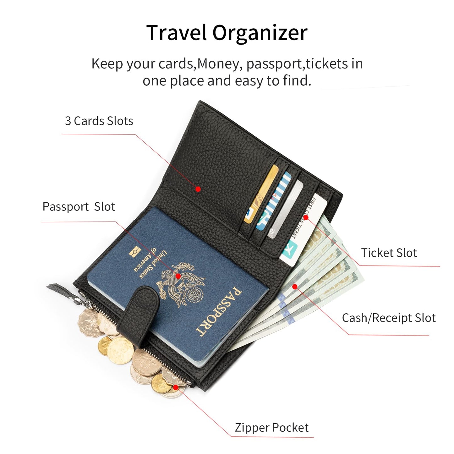 ilovever Passport wallet and Card Slot Combo RFID Blocking Slim Leather Travel Passport Wallet for Men and Women with Zippered Coins Pocket Passport holder,Black