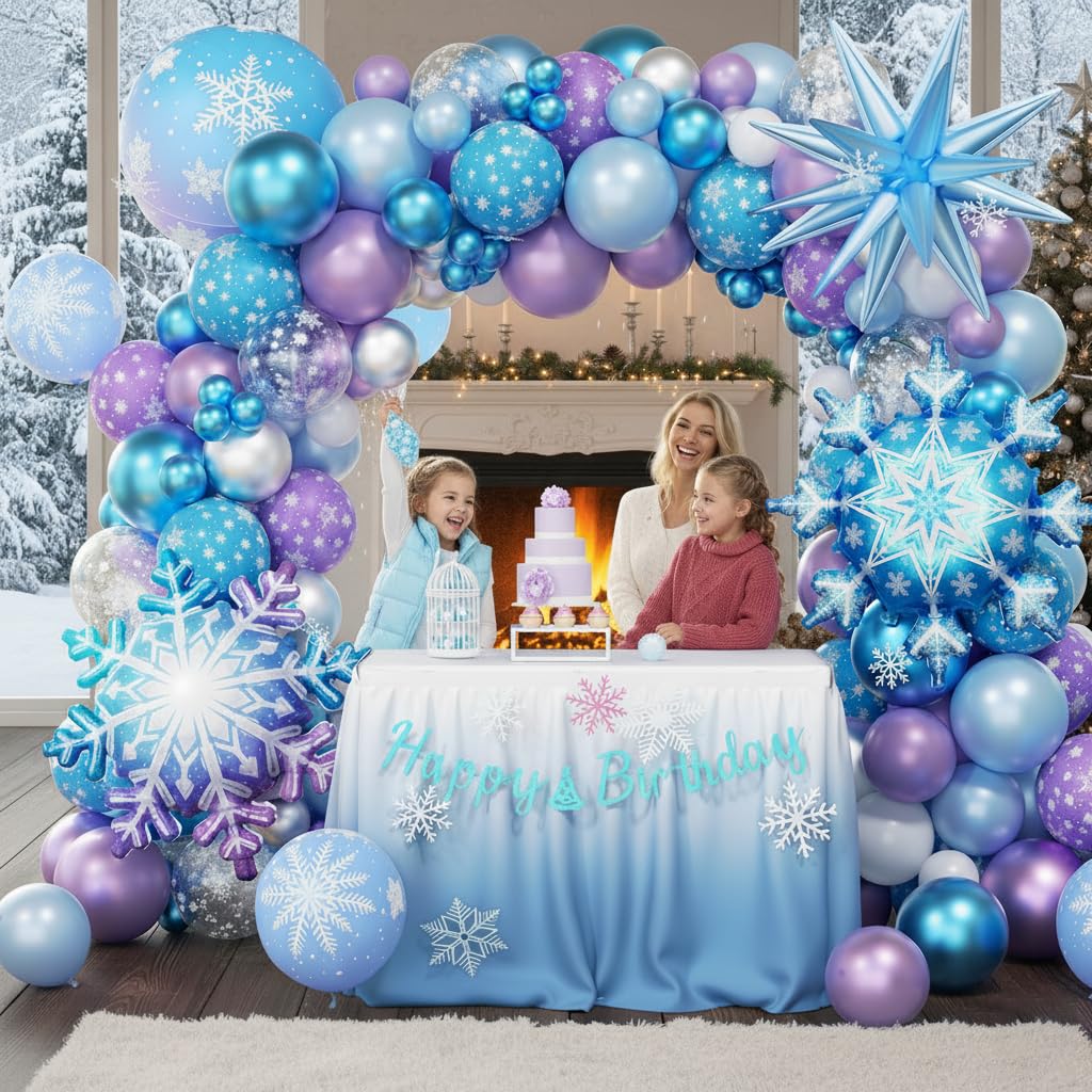 PTGOLUO Frozen Balloon Arch Garland Kit 220pcs, Blue Purple White Balloons with Fringe Curtain Snowflake Balloons Birthday Banner for Winter Wonderland Baby Shower Snow Princess Birthday Party Decor