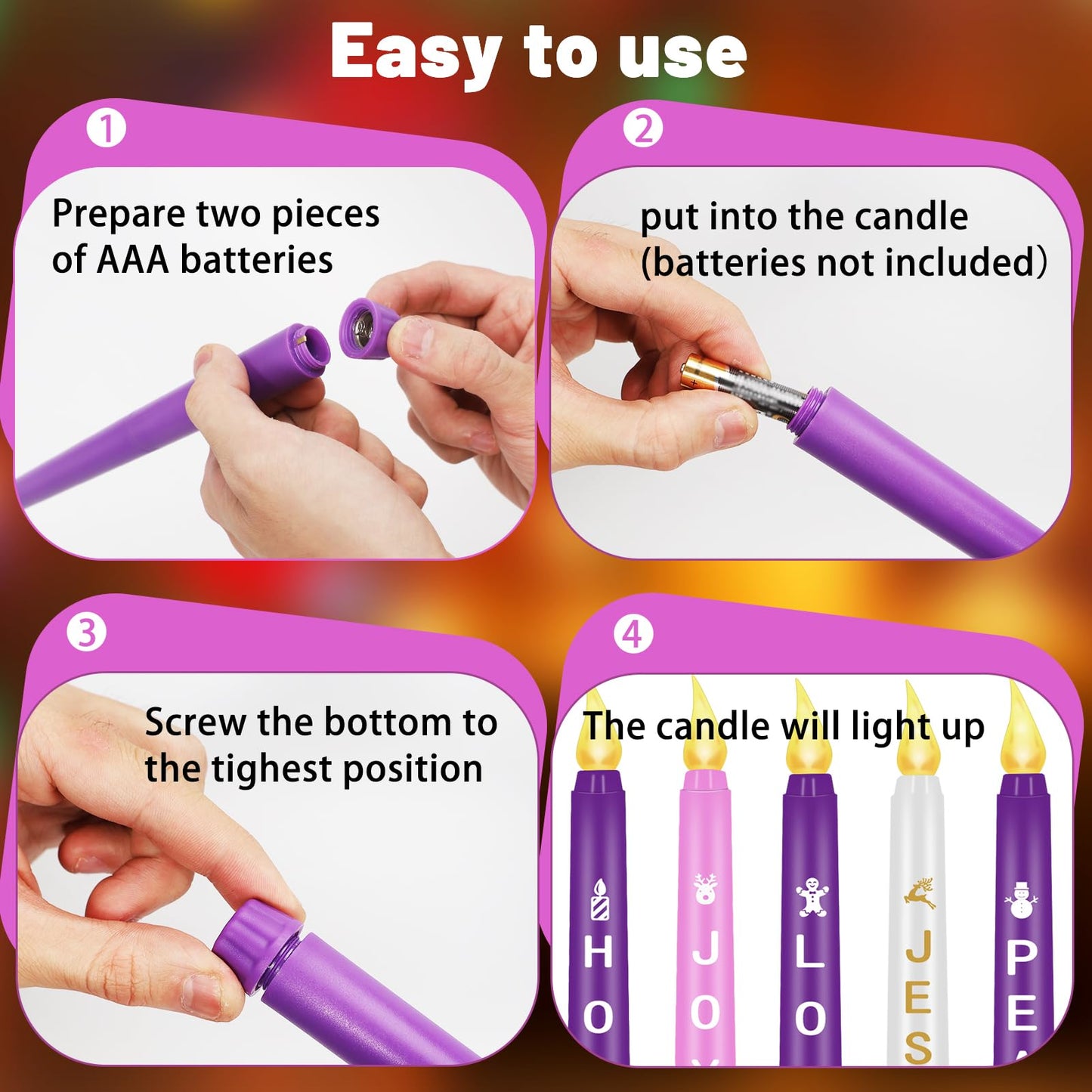 RGQSUN LEDs Flameless Advent Candles Sets of 5 Christmas Advent Candles Battery Operated Flickering Flameless Taper Candle for Christmas Wreath Advent Decor(Battery is not Included)