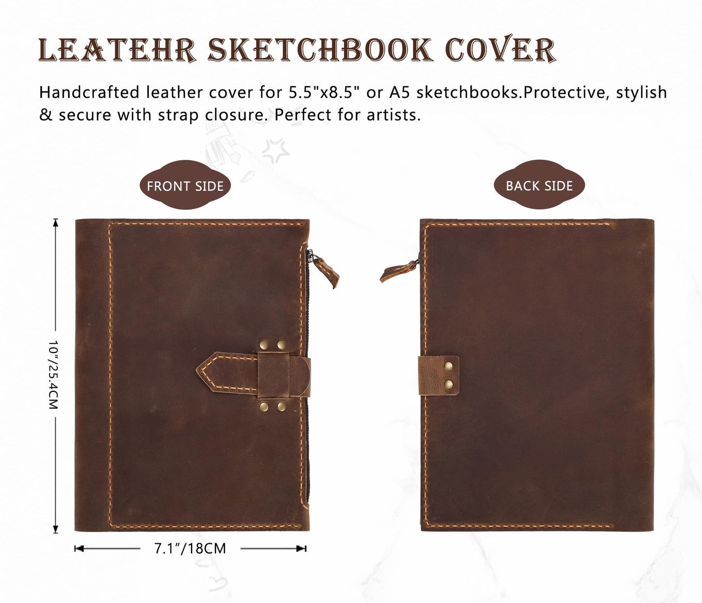 Fasjosma Leather Sketchbook Cover for A5/5.5"x8.5" Top Spiral Bound Sketch Pads - Handmade Genuine Leather Artist Case with Pencil Holder & Zipper Pocket, Professional Drawing Supplies