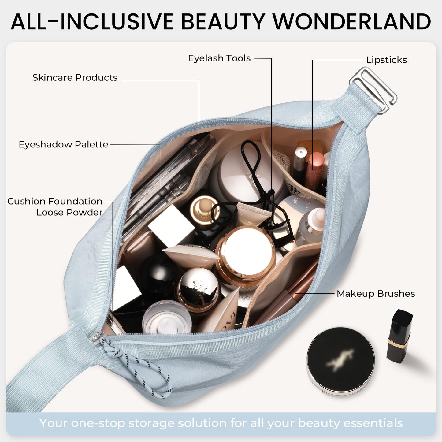 HauteHues Travel Makeup Bag for Women, Roomy Cosmetic Bag and Toiletry Bag with Wide Open Design, Soft Nylon Pouch for Makeup, Skincare, Toiletries, Gym, Carry-On and Weekend Trips, Gray Blue