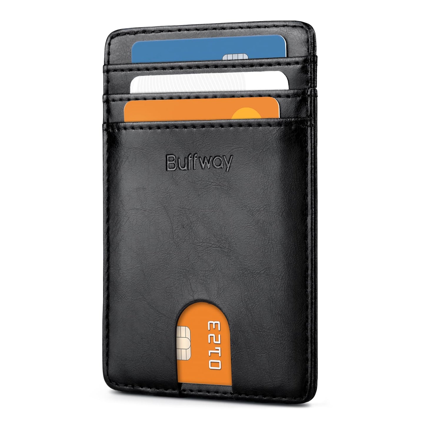 Buffway Mens Slim Wallet, Minimalist Thin Front Pocket Leather Credit Card Holder with RFID Blocking for Work Travel - Seattle Black