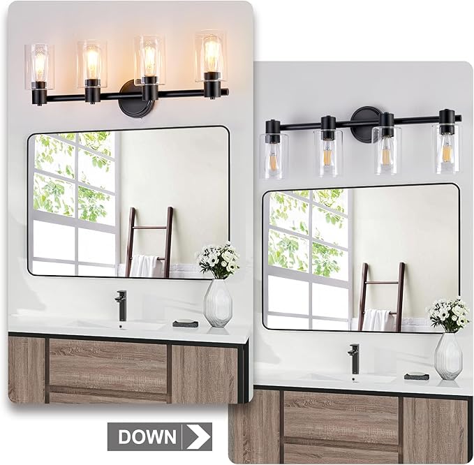 4 Light Bathroom Wall Light Fixtures Black Bathroom Wall Sconce with Clear Glass Lights Over Mirror Vanity Lights E26 Base