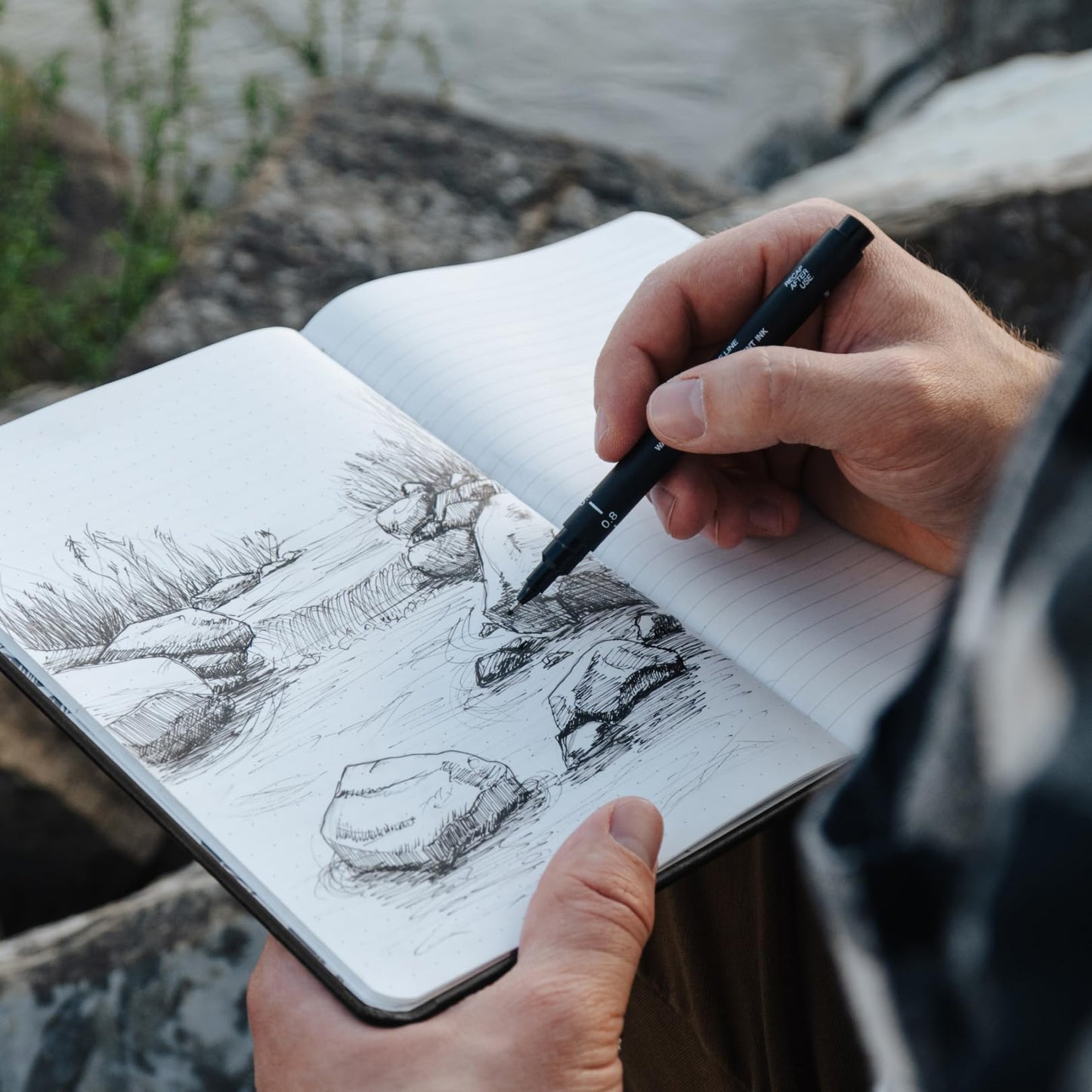 Stone Journal Explorer Notebook – A5 Waterproof Paper Field Journal, Vegan Leather Hardcover, 144 Pages Alternating Ruled & Dot Grid, Back Pocket, Weather-Resistant (Black)