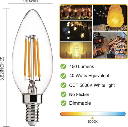 E12 LED Light Bulbs Dimmable 5000K Daylight White 4 watt 40W Equivalent Chandelier Light Bulb Filament LED Candle Bulbs,for Ceiling Fan Home,Candle Lamp,Bedroom Decor. (5000k Daylight White, 6-Pack)