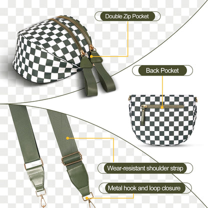 Checkered Crossbody Bag,Nylon Bum Bags for Women Crossbody,Spacious Sling Bag Purse Fanny Packs with Shoulder Strap