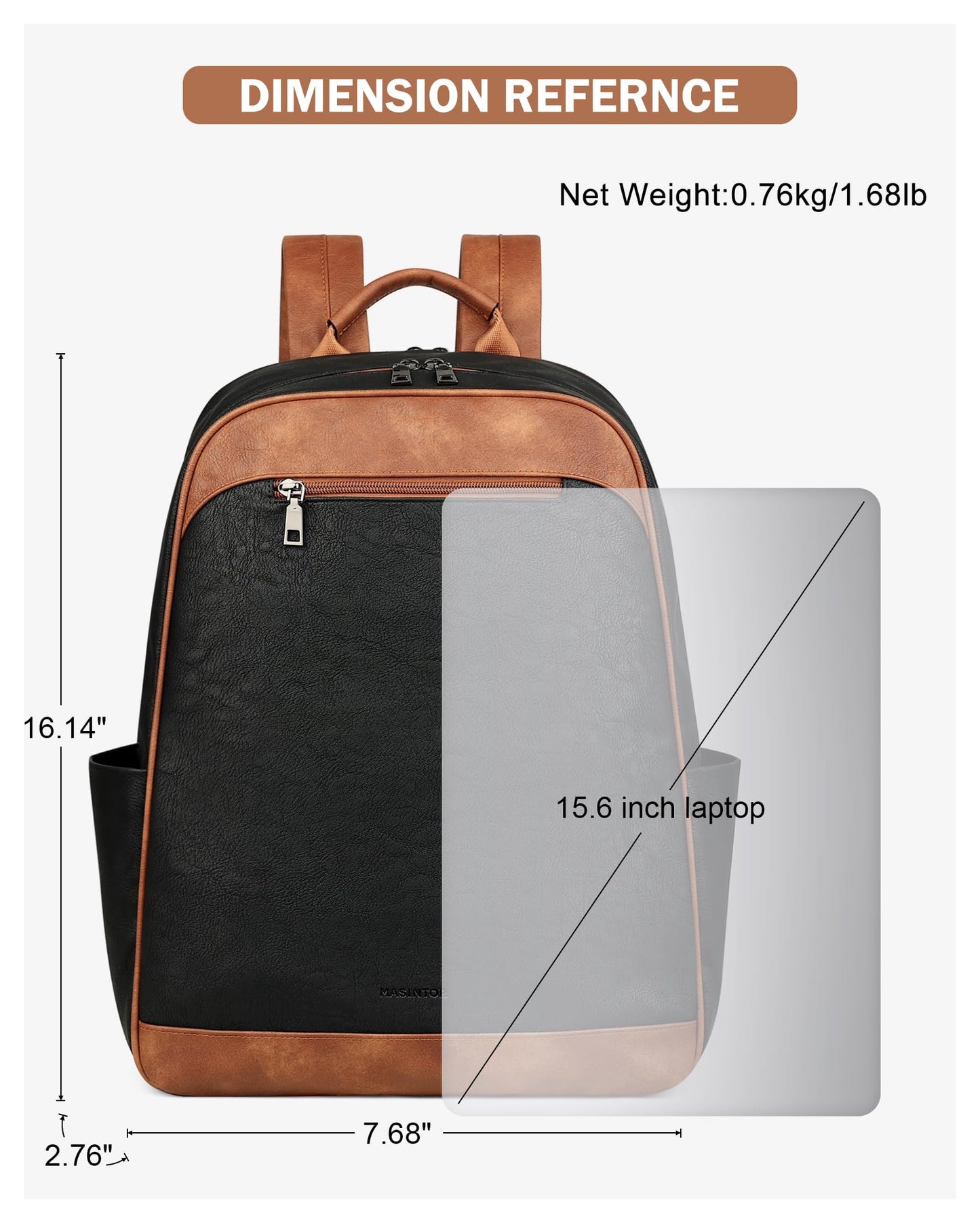 MASINTOR 15.6 inch Leather Laptop Backpack Purse for Women, Designer Travel and Work Bag with Laptop Compartment Black Brown