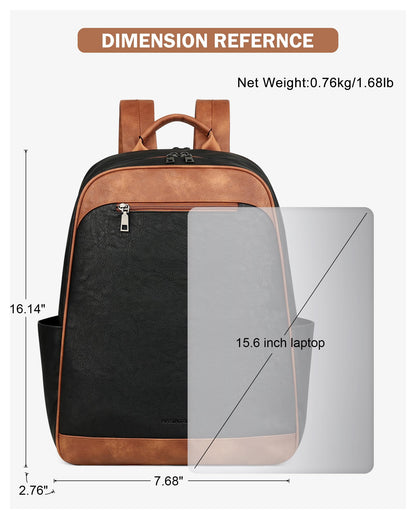MASINTOR 15.6 inch Leather Laptop Backpack Purse for Women, Designer Travel and Work Bag with Laptop Compartment Black Brown