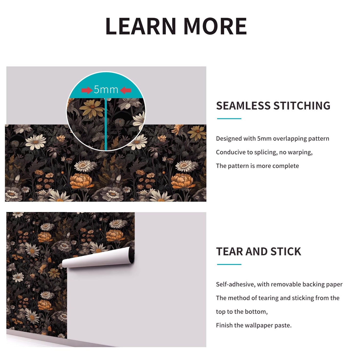 Black Floral Peel and Stick Wallpaper, Vintage Dark Botanical Contact Paper, Gold Daisy Self Adhesive Vinyl Wall Paper Waterproof&Removable Renter Friendly Wallpaper for Bedroom Cabinet 15.7"x 197"