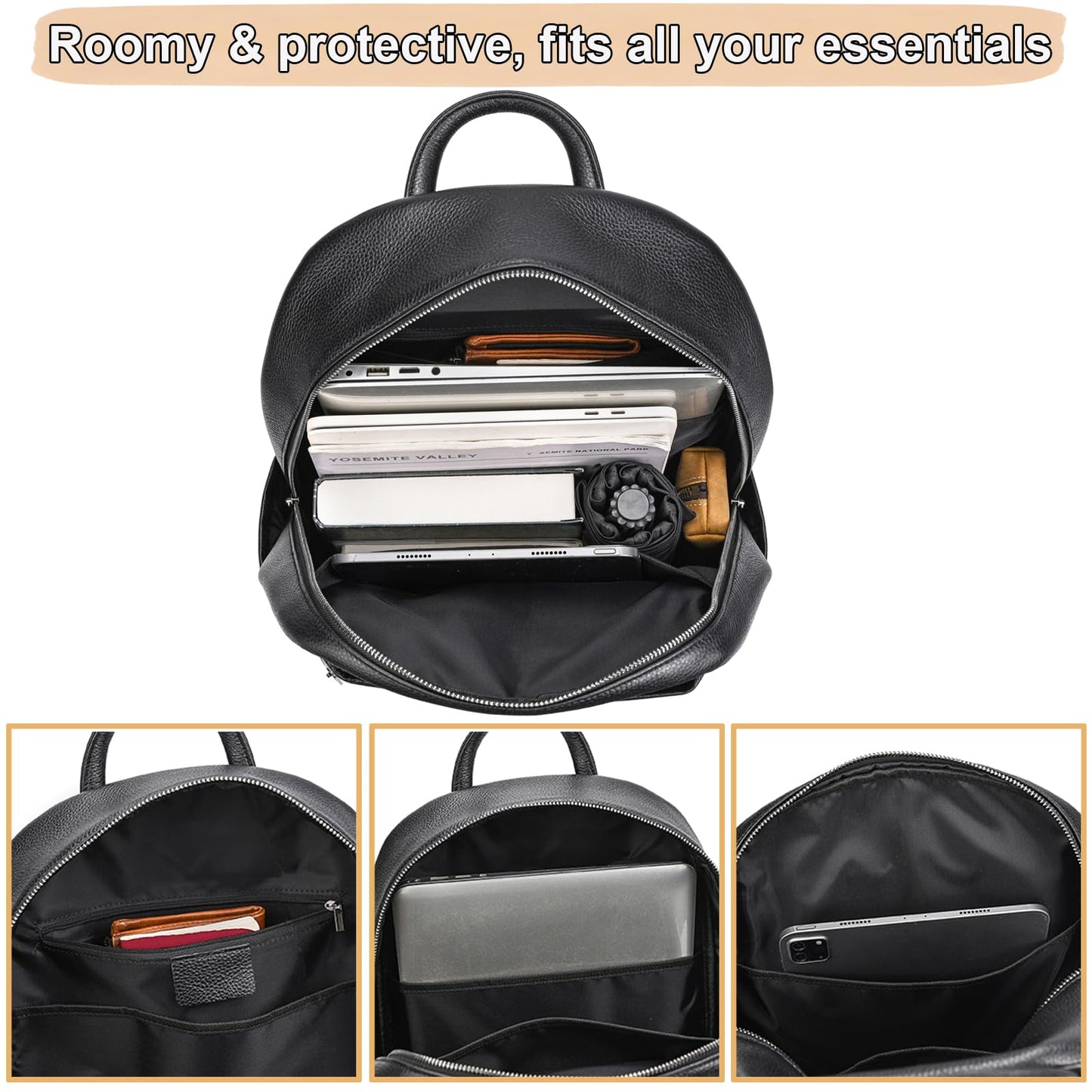 Yevabo Genuine Leather 15.6 Inch Laptop Backpack for Men, Multi Pocket Casual Daypack Shoulder Bag for Business Travel Outdoor, Black
