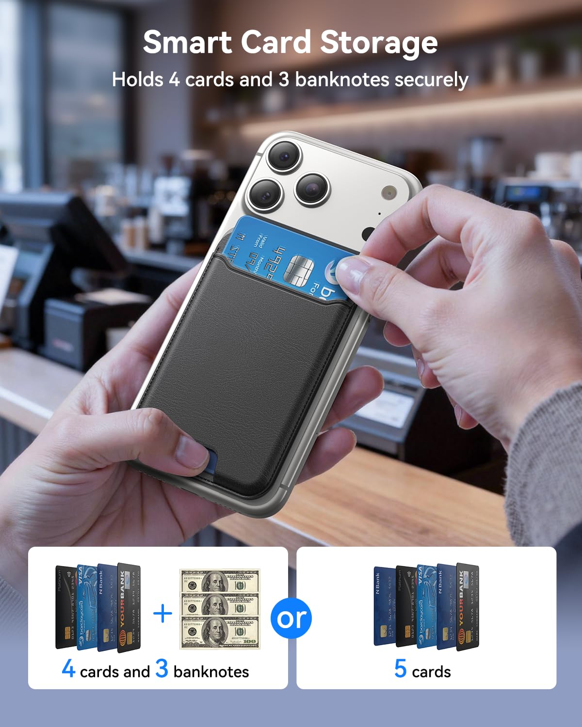 Fanseesy for MagSafe Wallet, Works with Apple Find My,5 Card Holder with Stand, Magnetic Phone Wallet Stand for iPhone 17/16/15/14/13/12 Pro Max Air Plus, RFID Blocking Vegan Leather,Black