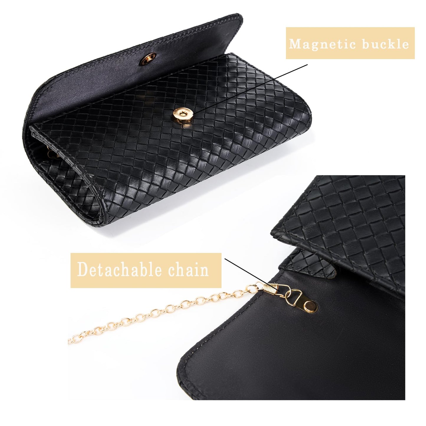 MUDUO Women's Woven Evening Bag Faux Leather Shoulder Handbag Fashion Crossbody Clutch Purse (BZ18-Black)