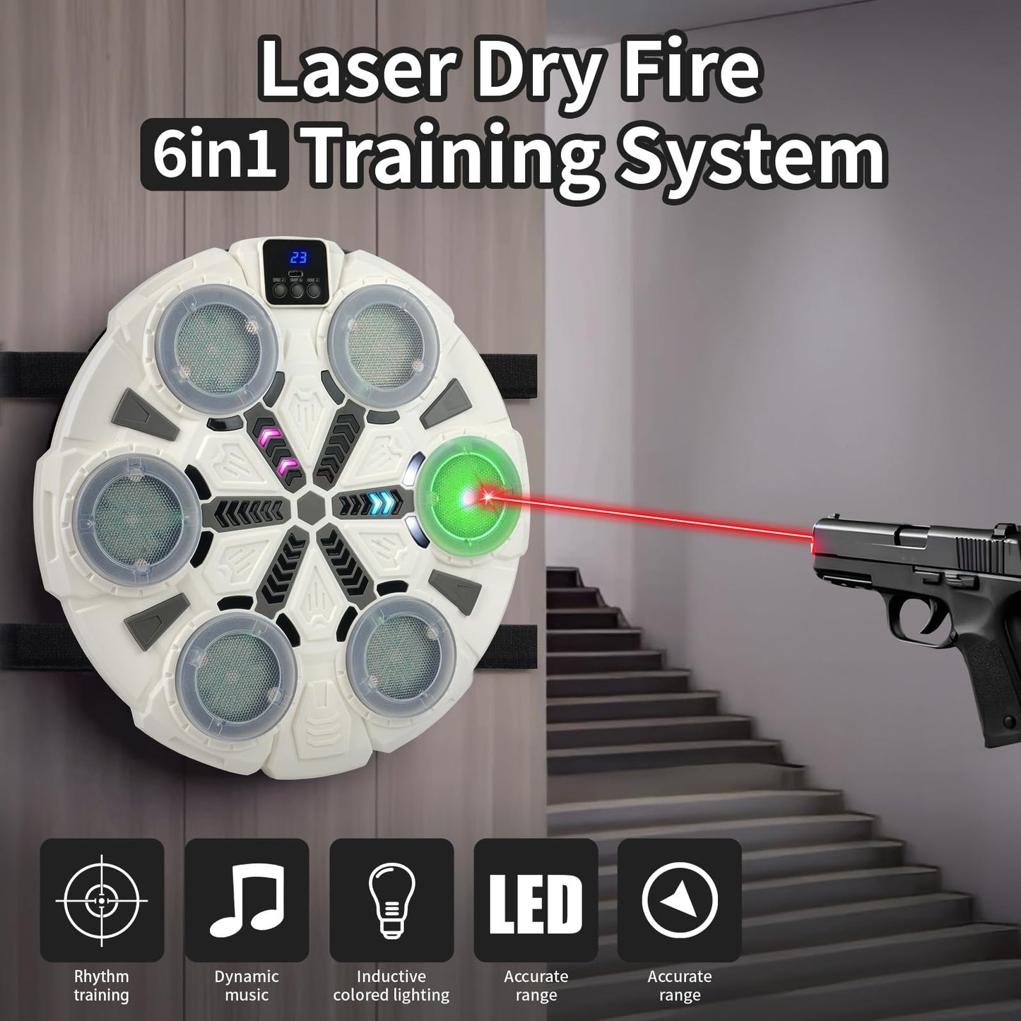 ZBULAR 6-in-1 Laser Dry Fire Training Targets with Smart Bluetooth Music, LED Display, Multi-Angle Training, Type-C Charging, Compatible with 9mm/22lr/223 Bullets Bore Sight