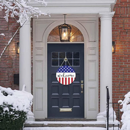 Welcome Wreath Sign for Farmhouse Front Porch Decor Patriotic Welcome Sign 12Inch Wooden Seasonal Decor Hanging Present
