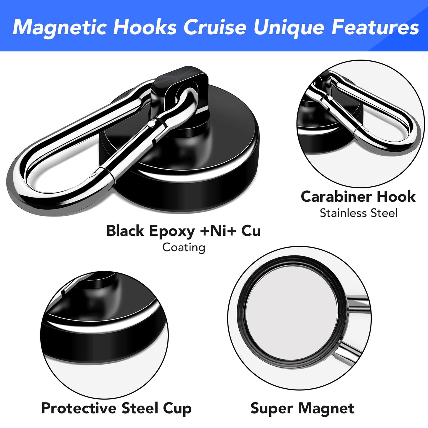 LOVIMAG Strong Magnetic Hooks, 12 Pack Magnetic Hooks Heavy Duty 70LBS Strong Neodymium Magnets with Carabiner Hook, Magnet Hooks with Swivel for Kitchen, Hanging, Cruise, Grill, Refrigerator - Black