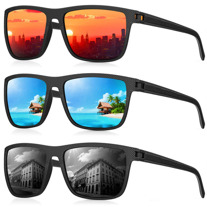 CIFOYA Polarized Sunglasses for Men Women, Square Sun Glasses for Driving Fishing Golf Lightweight Fashion Square Sun Glasses 100% UV400 Protection 3 Packs (Black/Ice Blue/Orange)