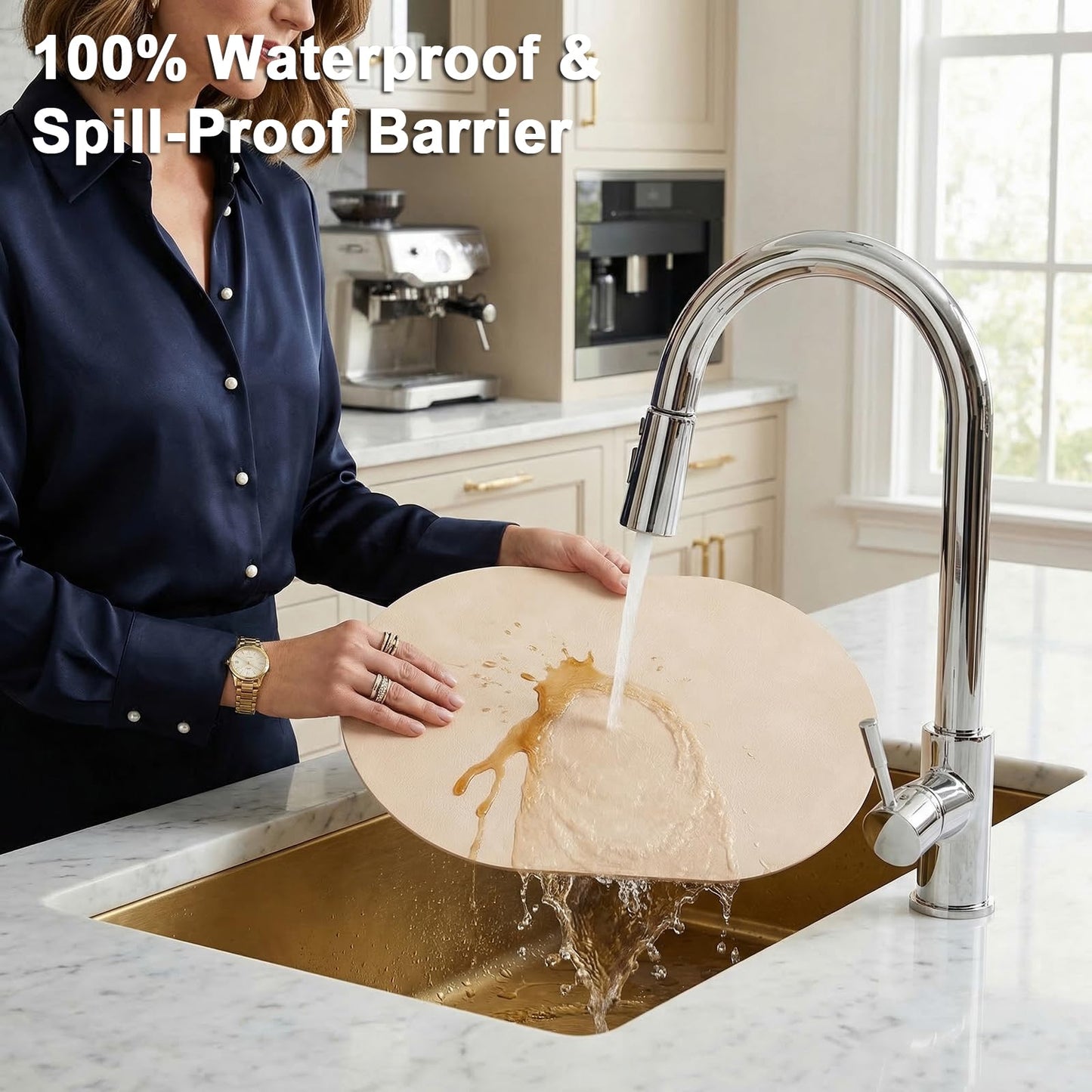BIPASION Oval Placemats 2mm Ultra Thick Faux Leather Table Mats, Heat Resistant Waterproof Wipeable Dining Mats for Kitchen Table, Set of 12, Beige