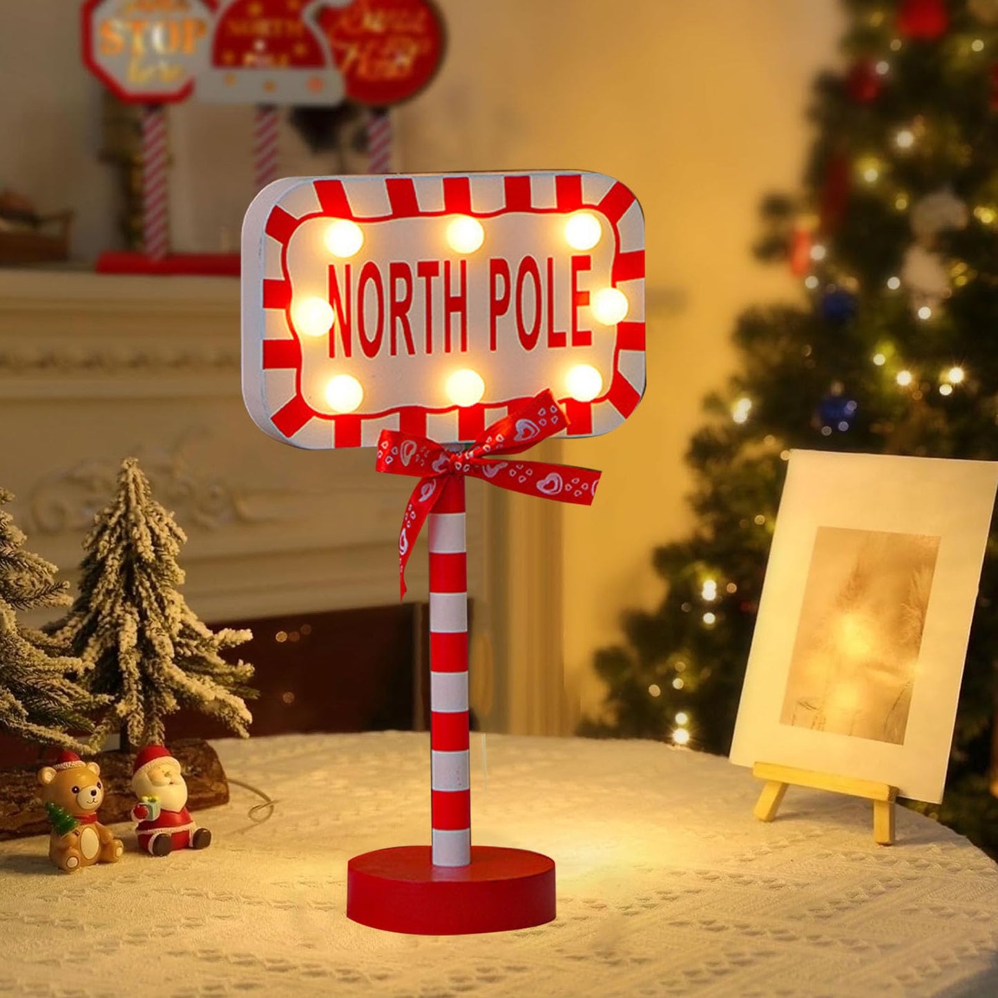 NOENNULL Xmas LED Street Lamp Wooden North Pole Sign Battery Operated Tabletop Night Light Xmas Tree Night Light Tabletop Decorations for Home Office Holiday Party Decoration