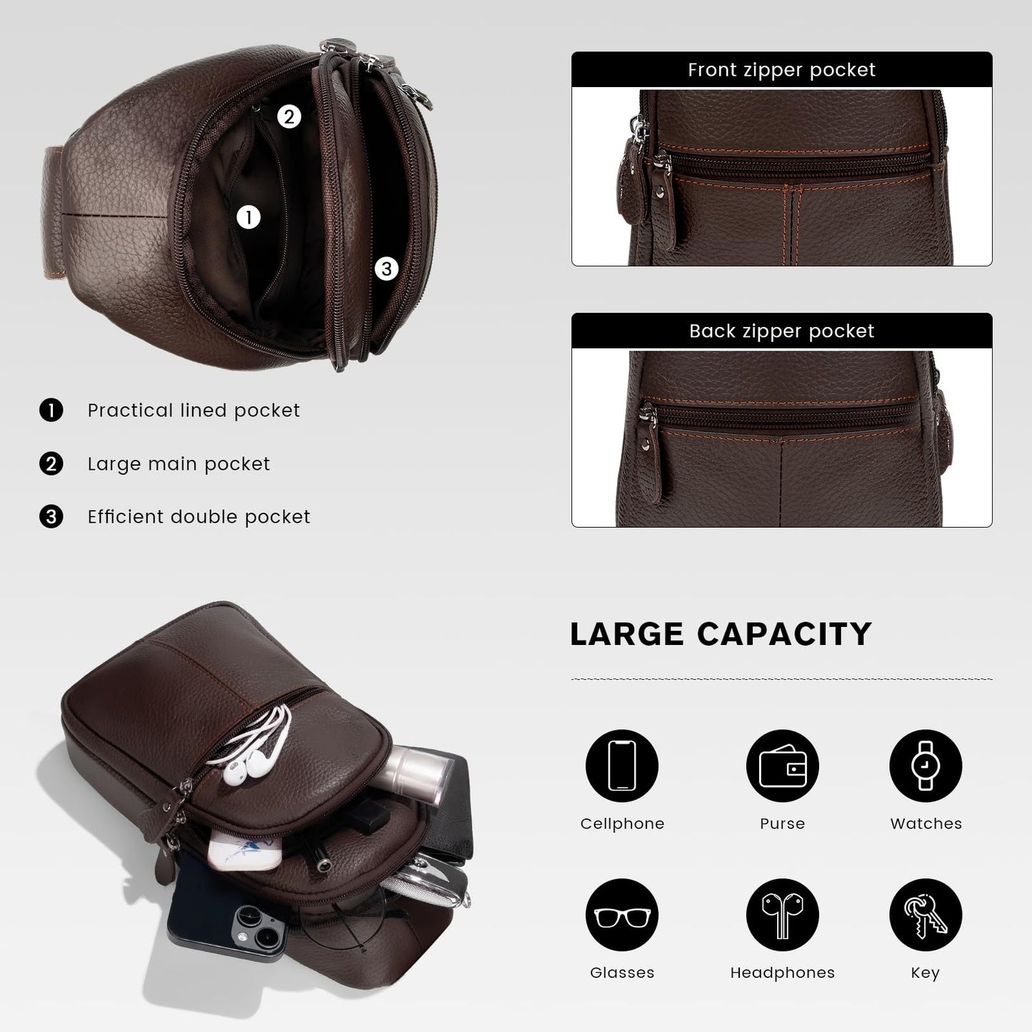 molshine Genuine Leather Sling Crossbody Bag,Fashion Chest,Casual Shoulder Bag for Men Women Work Travel Cycling HB024 (Brown)