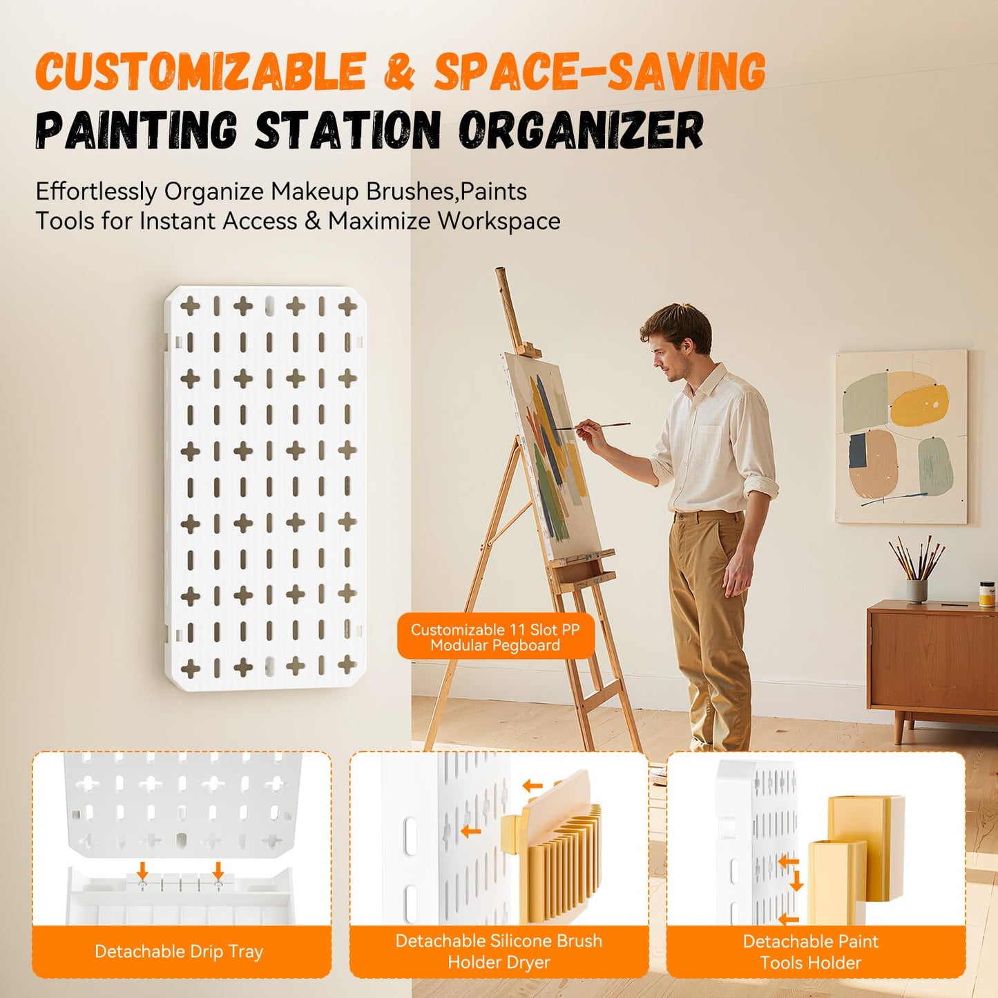 Paint Brush Holder with Drip Tray & Silicone Paint Brush Drying Rack,2 Removable Pegboard Bins for Artist Brush Holder,Paint Brush Stand White Pegboard for Desktop & Wall-Mount for Acrylic Paint Brush