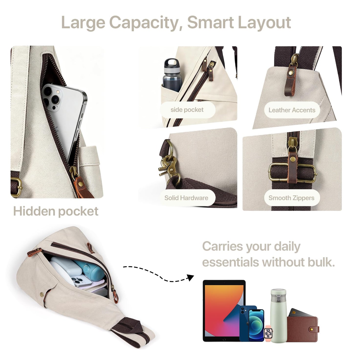 BRASS TACKS Leathercraft Vintage Canvas Sling Bag for Men and Women, 3-in-1 Convertible Crossbody Backpack Chest Bag with Genuine Leather Zipper, Large Capacity Travel Daypack (Off-White)