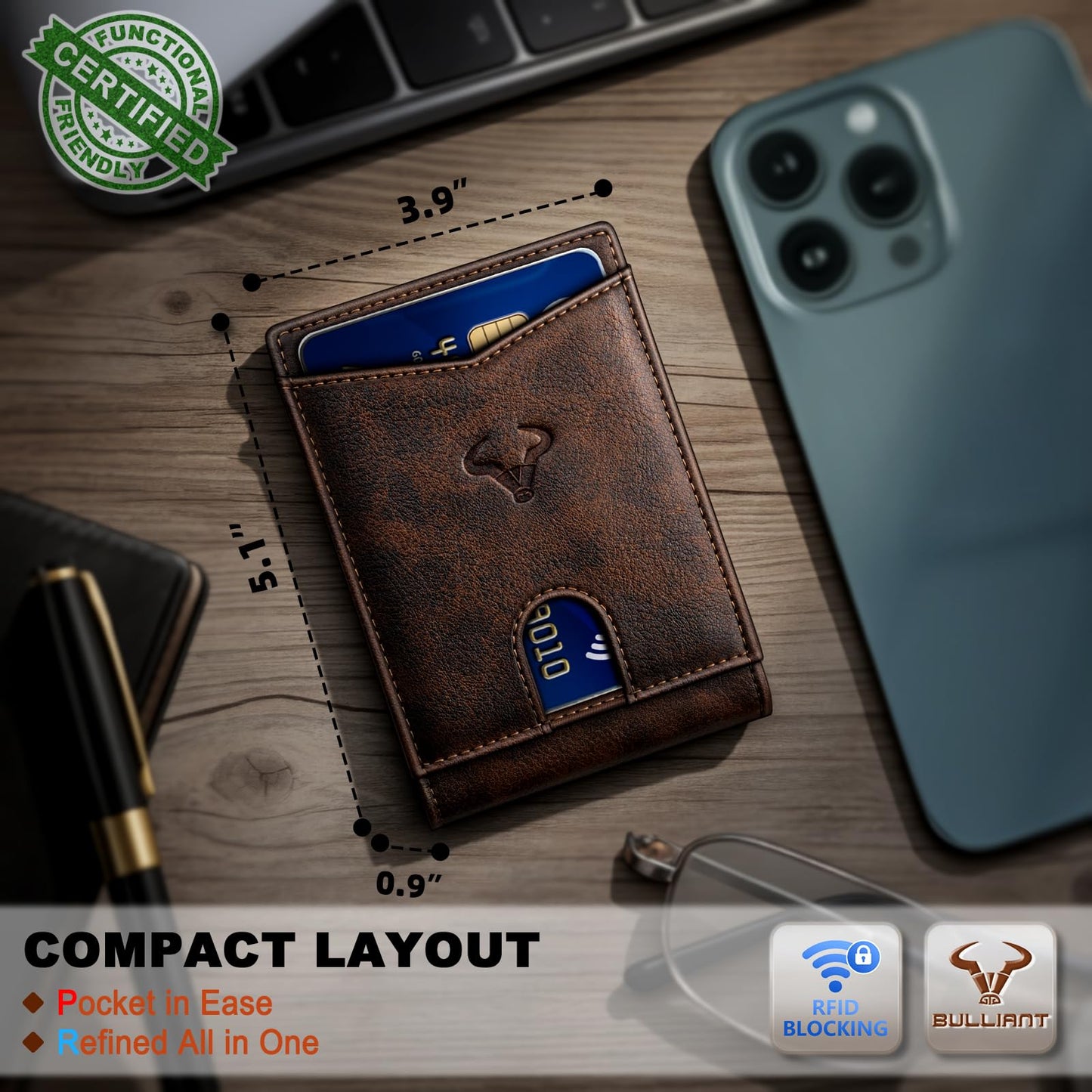 BULLIANT Men Wallet, Slim Leather Wallet Front Pocket Card Holder Gift For Men 11 Slots RFID Blocking