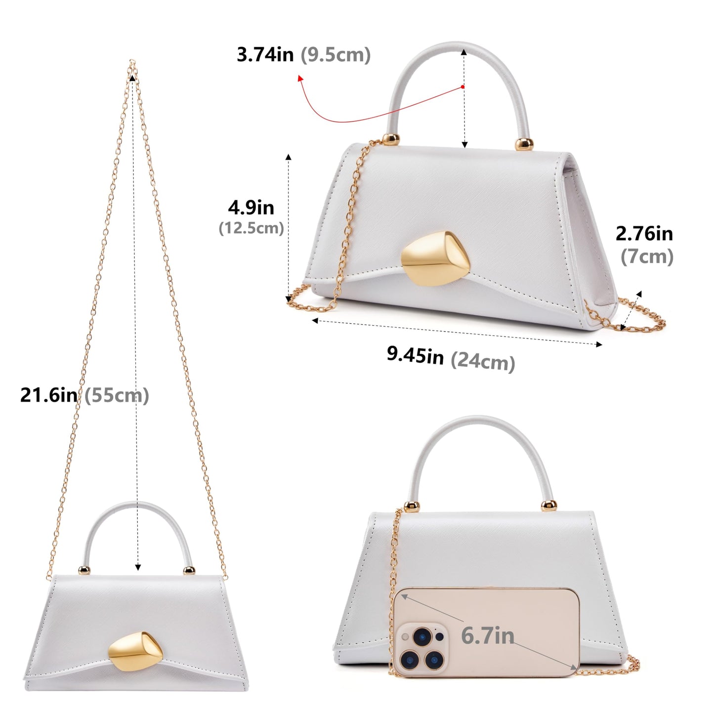 Gurina Designer Evening Handbag with Metal Handle, PU Leather Clutch Purse with Magnetic Buckle, Elegant Party Bag for Women (7OB White)